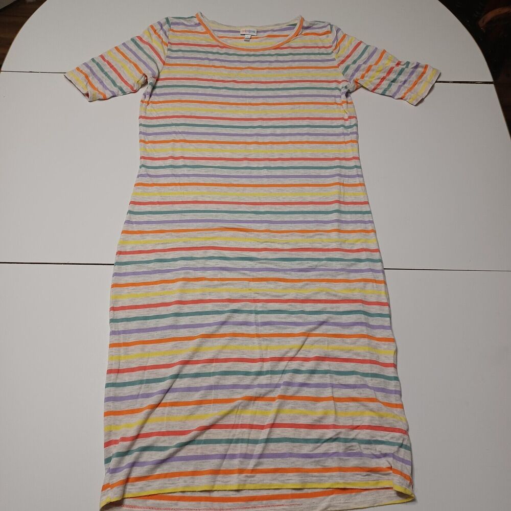 LuLaRoe Shirt Dress Womens L Grey Colorful Striped Fit Strechy Midi Comfy Casual